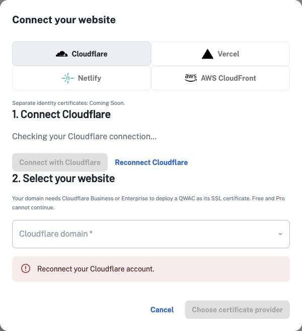 Connect Cloudflare and select the website to manage