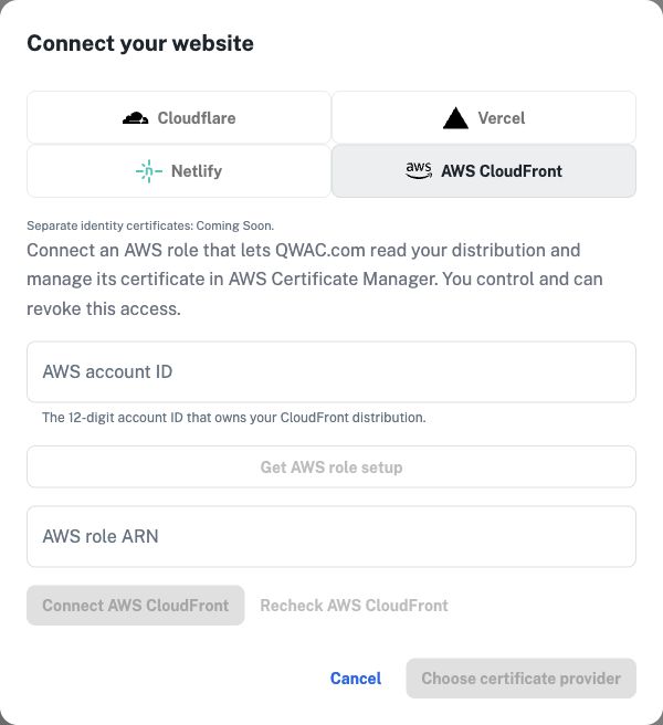 QWAC.com AWS CloudFront setup with AWS account ID and role setup button