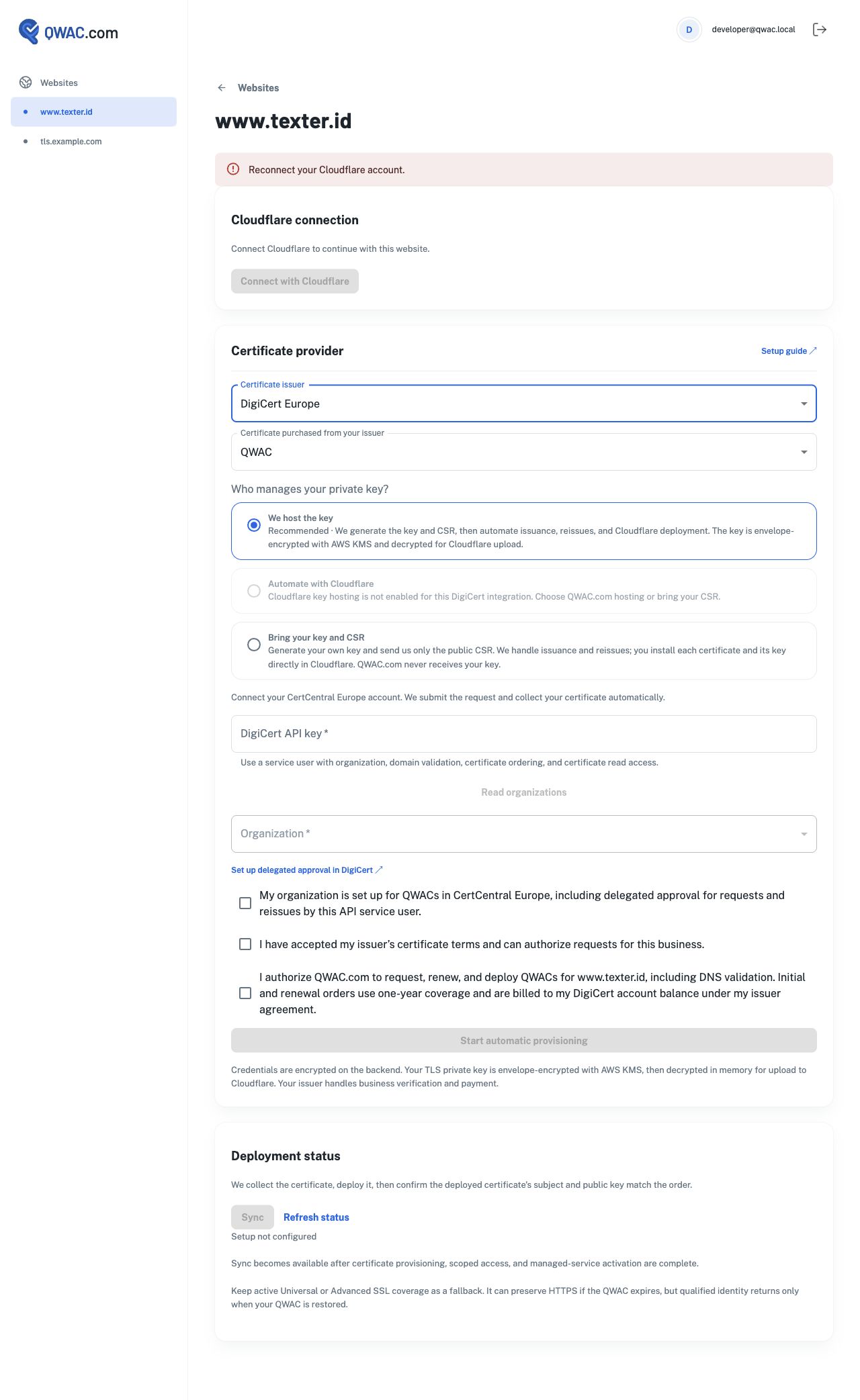 DigiCert Europe key management choices with the Cloudflare-held option disabled