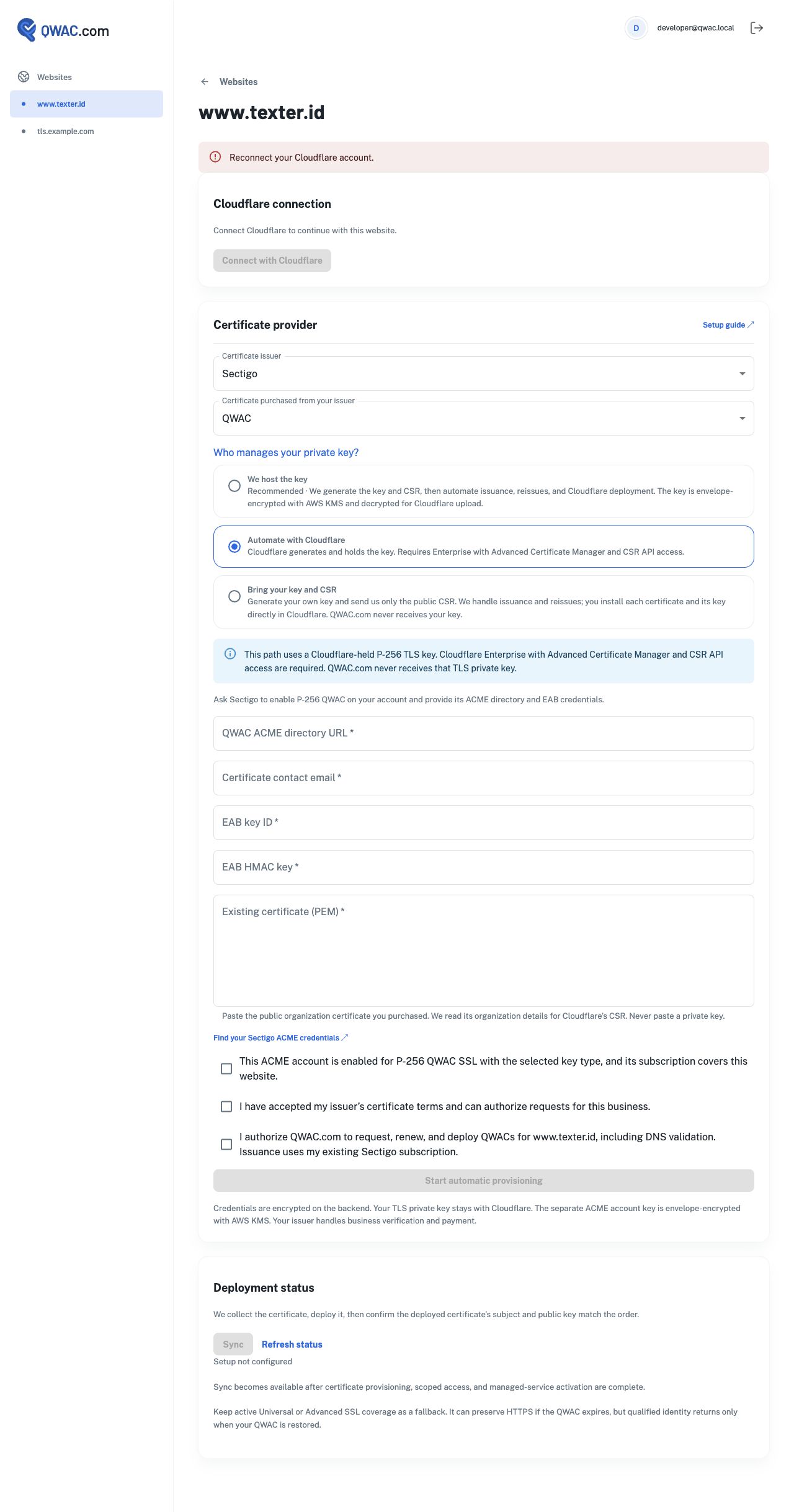 Sectigo key management choices with Automate with Cloudflare selected