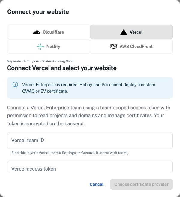 QWAC.com Vercel connection fields for a team ID and access token, with the Enterprise requirement